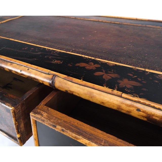 Antique Asian Oriental japaneese Burned Bamboo Hand Painted Decorated Desk Table For Sale - Image 11 of 18