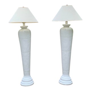 1980’s White Plaster Floor Lamps With Incised Detailing and Original Coolie Shades - A Pair For Sale