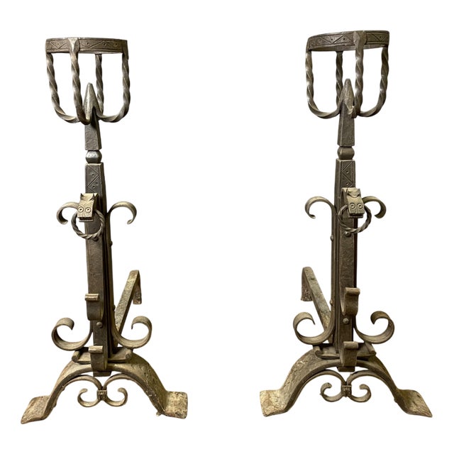 Wrought Iron Andirons, 1930, Set of 2 For Sale