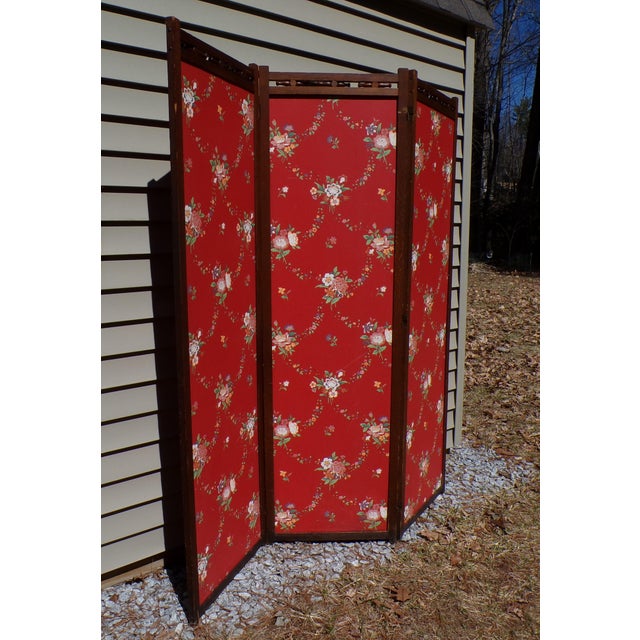 Vintage 3 Panel Double Sided Folding Room Divider Dressing Privacy Screen. Solid Oak frame with vibrant floral contact...