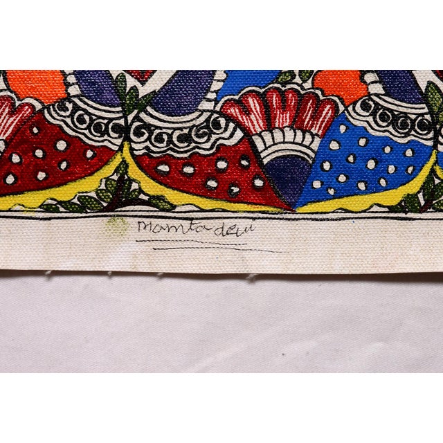 Folk Art Mamta Devi, 2016 National Award Winner, Hand-Painted Madhubani Folk Art Painting, Tree of Life With Colorful Birds, Fish & Peacocks For Sale - Image 3 of 4