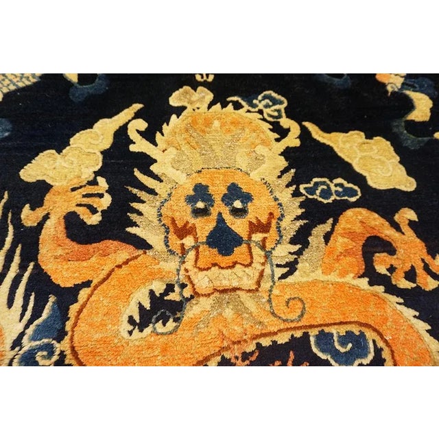1890s Blue Navy Cloud Band Dragon Antique Chinese Ningxia Rug 3' X 3'2" Knotted Wool Carpet For Sale In New York - Image 6 of 13