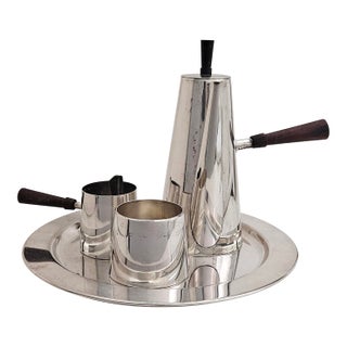 1950s Mid Century Modern P M Italy Silverplated Brass Coffee Pot, Creamer and Sugar Bowl, With Tray - 4 Piece Set For Sale