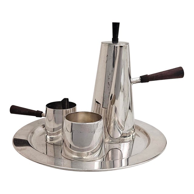 1950s Mid Century Modern P M Italy Silverplated Brass Coffee Pot, Creamer and Sugar Bowl, With Tray - 4 Piece Set For Sale