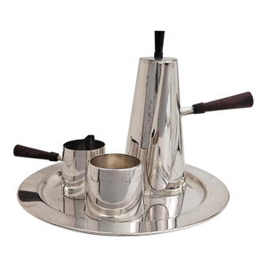 1950s Mid Century Modern P M Italy Silverplated Brass Coffee Pot, Creamer and Sugar Bowl, With Tray - 4 Piece Set