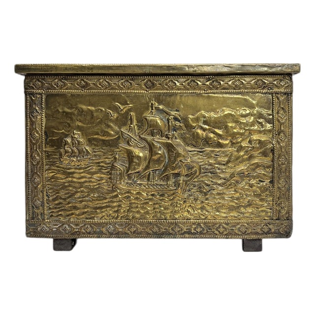 Ornate Embossed Brass Log Box with Ships Scène, 1920s For Sale