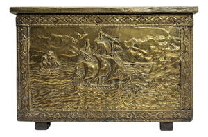 Ornate Embossed Brass Log Box with Ships Scène, 1920s
