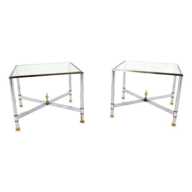 Pair Mid Century Modern Square Chrome X Base End Side Coffee Tables Stands For Sale