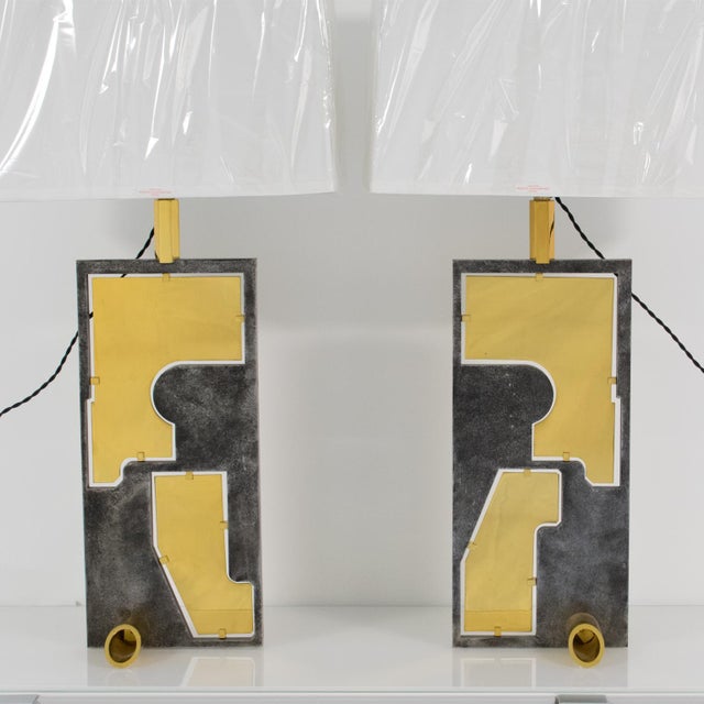 Pair of Industrial Brutalist Brass and Steel Table Lamp, Circa 1980 For Sale - Image 9 of 12