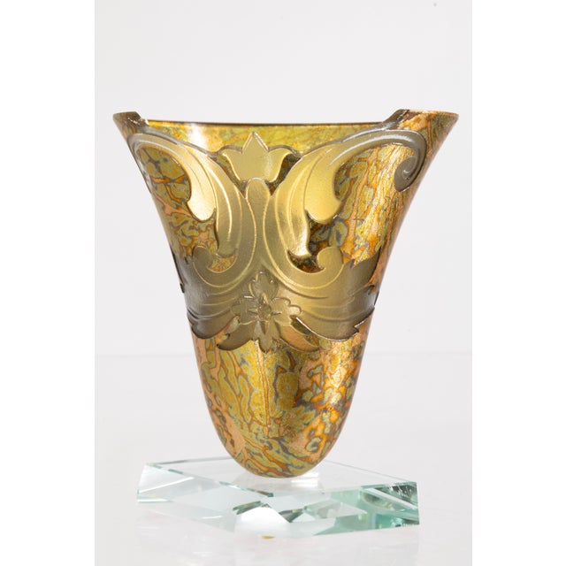 Glass Salvatore Polizzi Signed Gold Iridescent Art Glass Vessel in Display Case 1990s For Sale - Image 7 of 8
