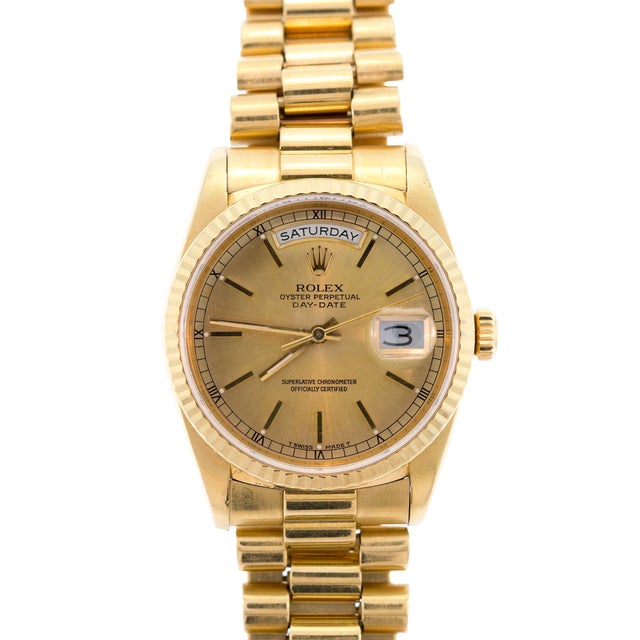 Vintage 18k yellow gold (stamped) Rolex Oyster Perpetual Day-Date "President" Wristwatch. Rolex introduced the Day-Date in...