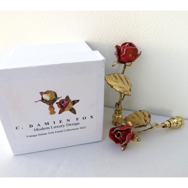 Shabby Chic Pair of Vintage Italian Tole Rose and Leaf Finials in Bright Rose/Red With Patina Gold Gold by C. Damien Fox For Sale - Image 3 of 6
