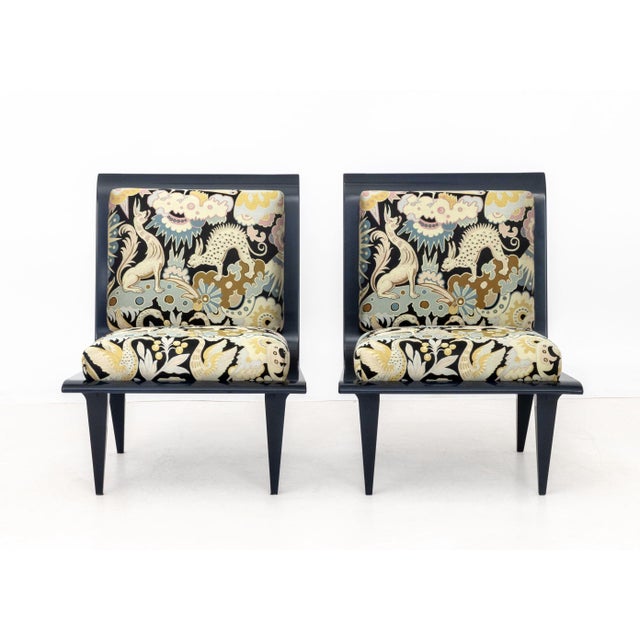 Pair of Tassinari and Chatel "Les Chimeres" Upholstered Lounge Chairs, with navy blue lacquered frames. 33.75" H x 25.5" W...