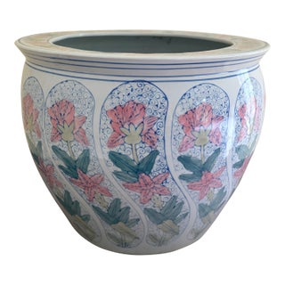 Vintage Chinoiserie Blue, Pink & Green Floral Ceramic Fishbowl Planter For Sale