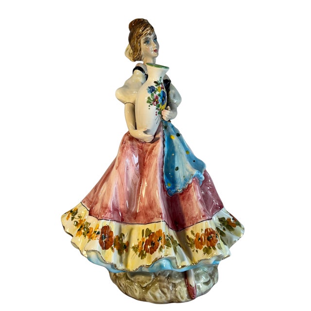 Large 16 In. Tall Mid-Century Italian Porcelain Woman Holding a Water Jug For Sale - Image 12 of 16