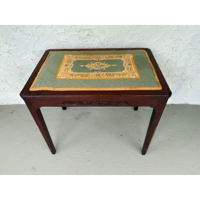Vintage Carved Wood Needlepoint Bench / Accent Table With Floral Design For Sale - Image 4 of 9