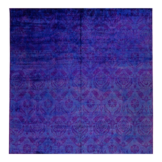 2010s Modern Handmade Blue & Purple Square Wool Rug With Floral Pattern For Sale