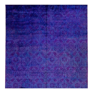 2010s Modern Handmade Blue & Purple Square Wool Rug With Floral Pattern