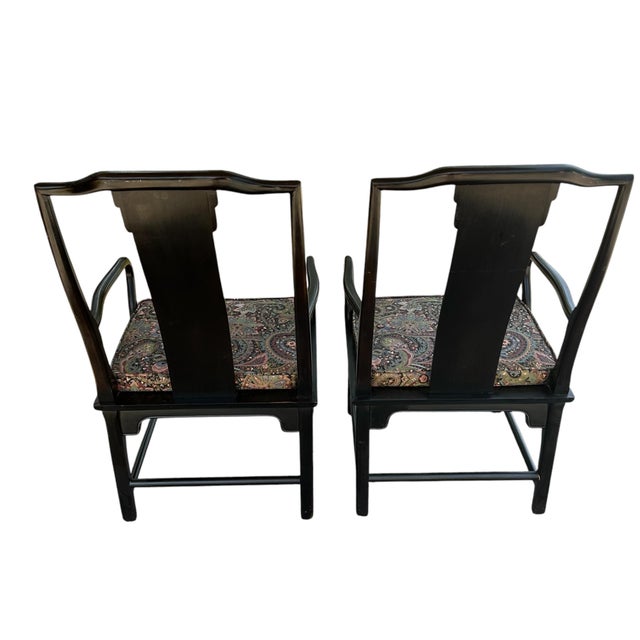 Matching pair of Ebony, Century furniture Raymond K Sobota armchairs. Sturdy, yoke backs, 22 x 23 x 39 1/2. Arm height 25...