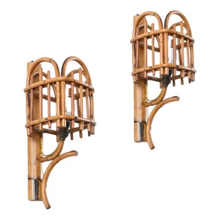 Mid-Century Rattan Lantern Sconces by Louis Sognot, 1960s, Set of 2 For Sale