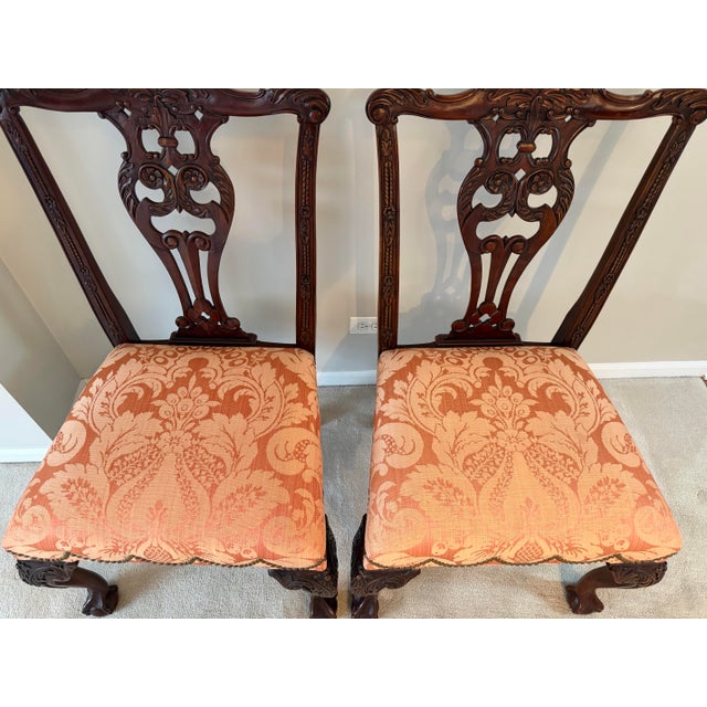 Vintage Chippendale Carved Mahogany and Damask Dining Chairs - Set of 4 For Sale - Image 11 of 18