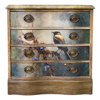 Vintage Bird Decoupaged Four-Drawer Dresser With Antiqued Finish For Sale