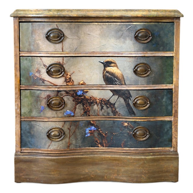 Vintage Bird Decoupaged Four-Drawer Dresser With Antiqued Finish For Sale