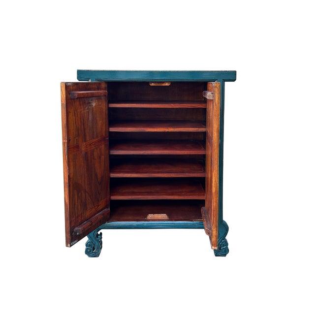 Distressed Teal Blue Lotus Carving Tall Credenza Storage Cabinet For Sale - Image 4 of 6