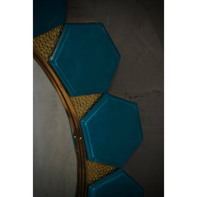 Art Deco Wall Mirror in Murano Blue Glass and Brass, 2000 For Sale - Image 6 of 11