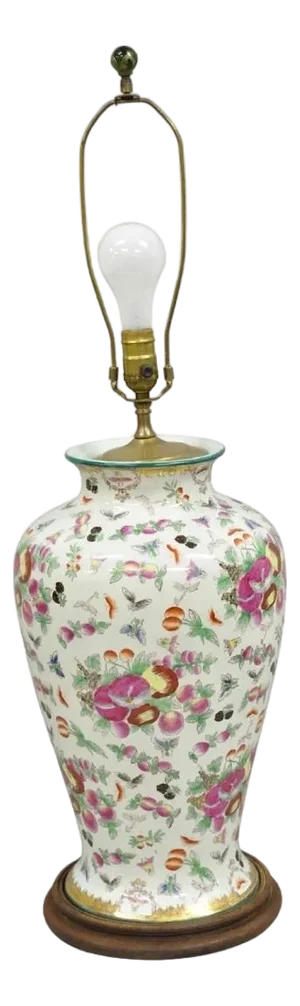 Vintage Chinoiserie Porcelain Jardinière Pink Flower Painted Large Table Lamp