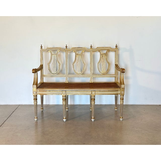 1960s Louis XVI style bench, lacquered and gilded wooden frame, Vienna straw seat