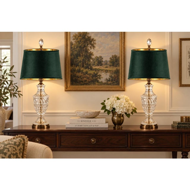 Mid 20th Century Coordinated Trio of Yugoslavian Crystal Lamps With Emerald Velvet Shades - Set of 3 For Sale In Los Angeles - Image 6 of 11