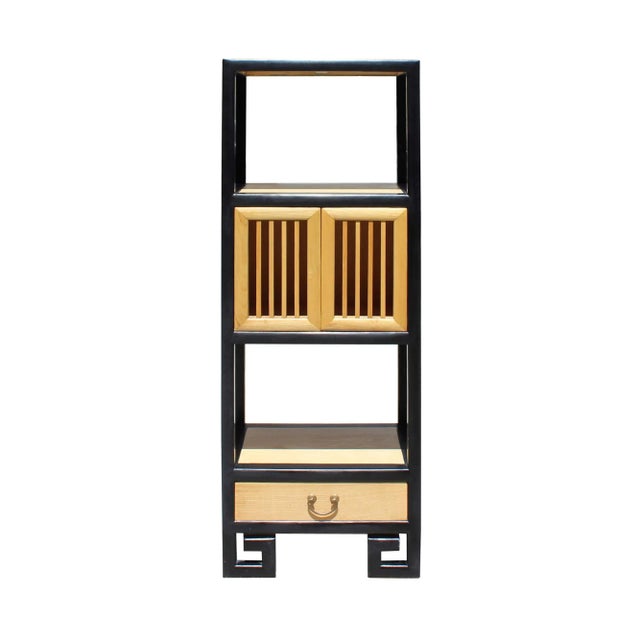 Black Oriental Black Rim Natural Wood Narrow Storage Display Bookcase Cabinet For Sale - Image 8 of 8