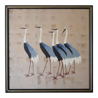 Vintage Mid Century Japanese Cranes Painting Signed Campos For Sale
