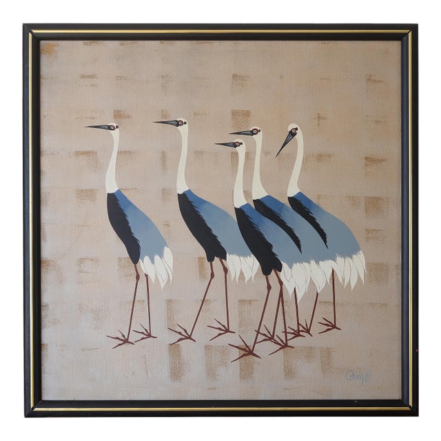Vintage Mid Century Japanese Cranes Painting Signed Campos For Sale