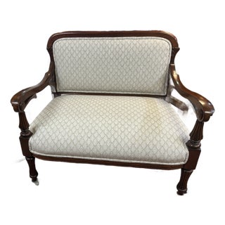 Small Antique Dark Wood Edwardian Loveseat With New Upholstery For Sale