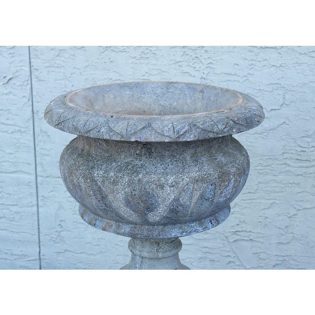 Vintage Pair Of Carved Granite Three Piece Garden Urns On Pedestals For Sale - Image 4 of 18