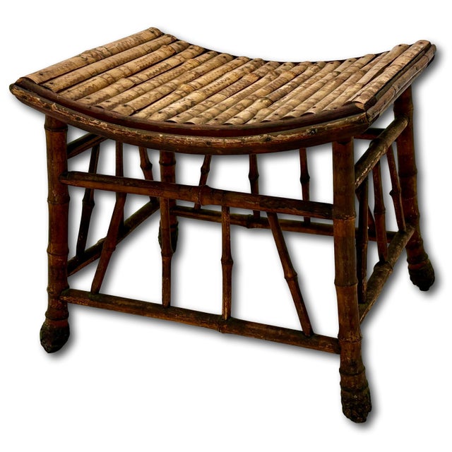 Excellent Hand Made Antique Oriental Revival Aesthetic Victorian Genuine Bamboo Footstool - Ottoman Circa 1880s For Sale In Boston - Image 6 of 18