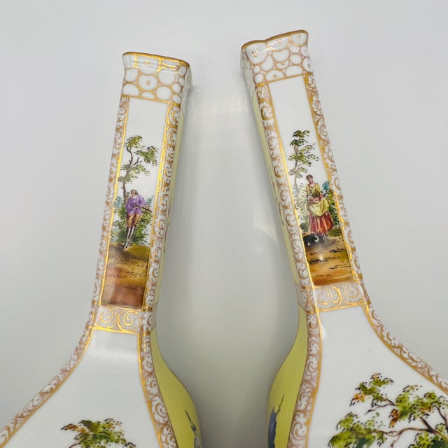 Large 19th Century Hand-Painted Yellow Ground Watteau Porcelain Vases from Dresden, Set of 2 For Sale - Image 10 of 14