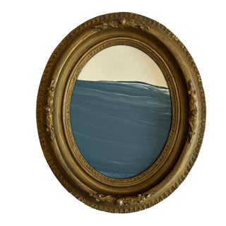 "Porthole" Abstract Art in Oval Antique Frame, Small Seascape Painting Transitional Wall Art by JTS For Sale