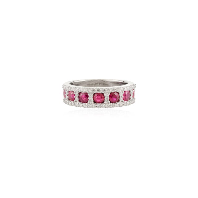 Boho Chic 14k White Gold Chunky Ruby and Diamond Band Ring Size 8 For Sale - Image 3 of 11
