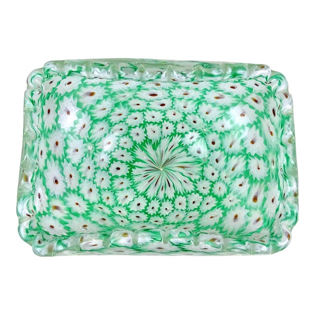 Murano Vintage Fratelli Toso Millefiori Green White Flower Mosaic Italian Art Glass Ruffle Edge Bowl For Sale