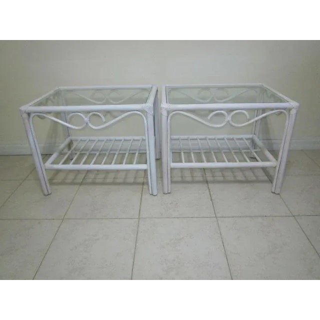 Wood Coastal Bamboo Rattan White Coffee Table With Two End Table Glass Top Set of 3 For Sale - Image 7 of 12