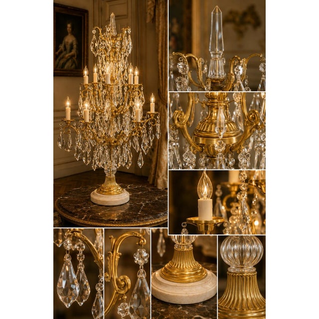 1990 French Louis XVI Gold Bronze Crystal Candelabra Table Lamp For Sale - Image 13 of 16