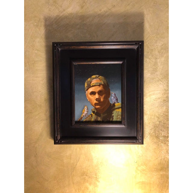 Figurative Camouflaged by Shawn Sullivan | Oil on Panel Portrait of a man in camouflage with birds. For Sale - Image 3 of 4