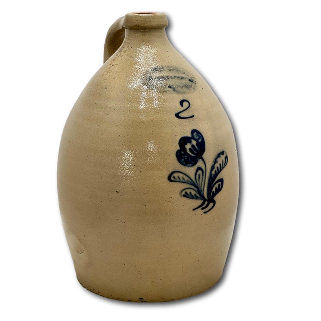 Ceramic Outstanding Antique 2 Gallon Blue Flower Decorated Stoneware Jug by Burger in Rochester N. Y. Circa 1877 to 1880 For Sale - Image 7 of 18