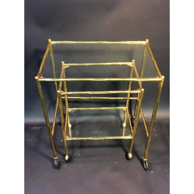 Mid-Century Modern Baques Brass Bamboo Nesting Tables on Wheels - a Pair For Sale - Image 3 of 11