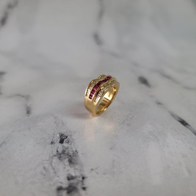 2020s Ruby & Diamond Baguette Cocktail Ring 2.00cttw 14k Yellow Gold, Size 4 For Sale - Image 5 of 5