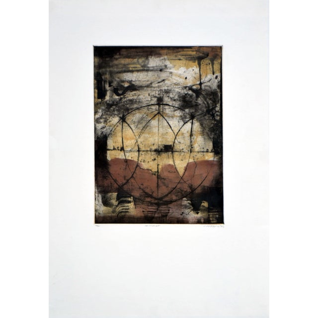Earth tones, an abstract lithograph by an unknown artist (American, 20th Century). Presented in a metal frame. Signed...