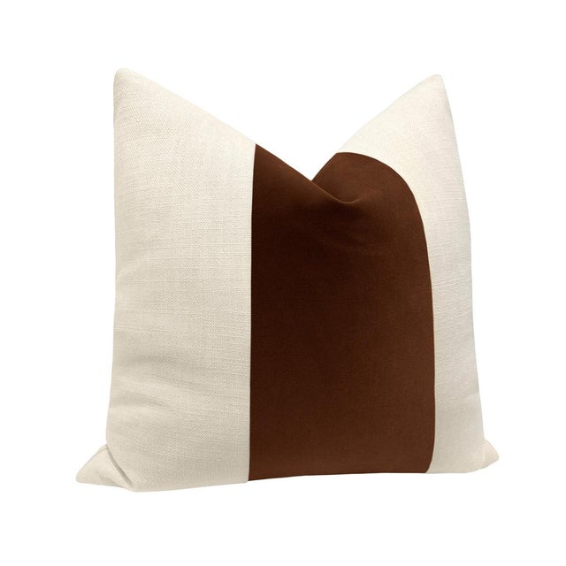 Contemporary 20" Cognac Designer Velvet Panel + Linen Pillows - A Pair For Sale - Image 3 of 4